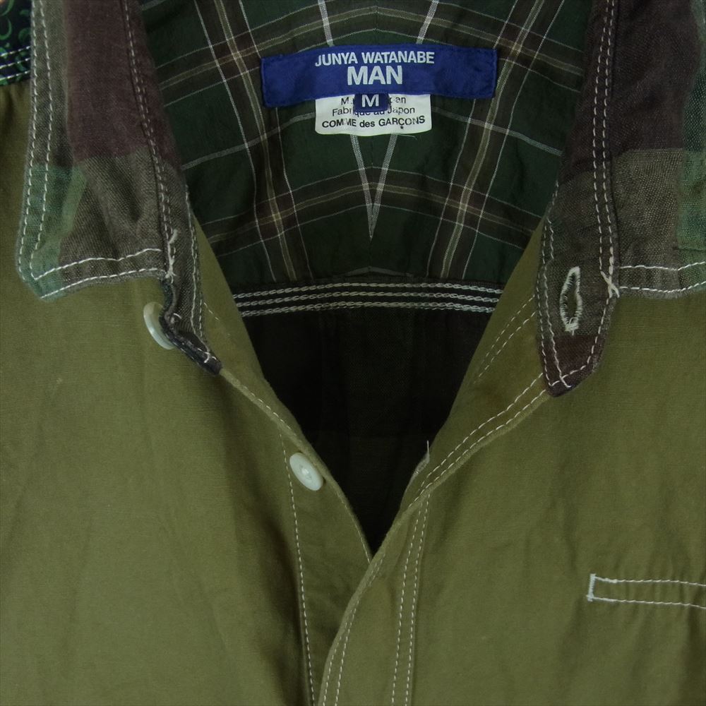 JUNYA WATANABE COMME des GARCONS MAN ジュンヤワタナベコムデギャルソンマン 22SS WI-B019 リネン 綿 チェック 花柄 半袖 シャツ カーキ系 グリーン系 M【中古】