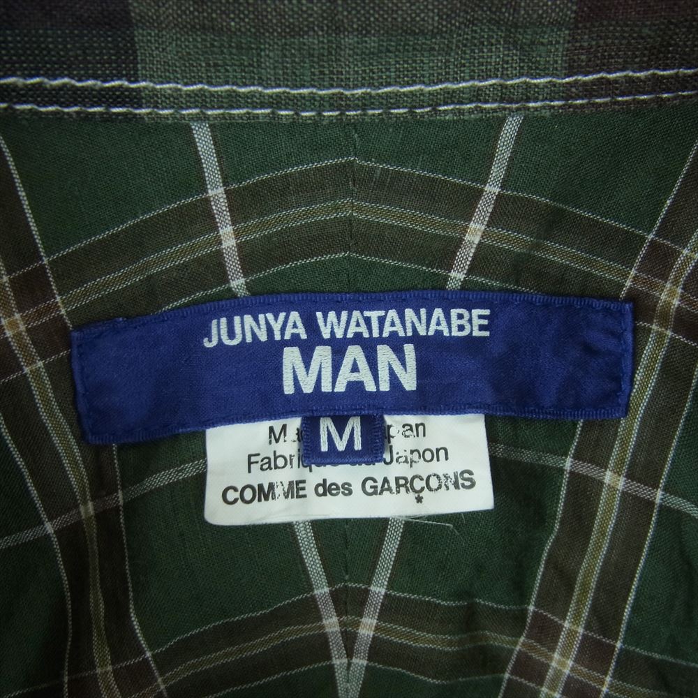 JUNYA WATANABE COMME des GARCONS MAN ジュンヤワタナベコムデギャルソンマン 22SS WI-B019 リネン 綿 チェック 花柄 半袖 シャツ カーキ系 グリーン系 M【中古】