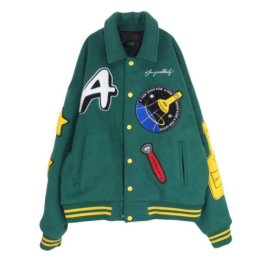ア フュー グッド キッズ ROCKET COLLEGE JACKET ロケット カレッジ  スタジアム ジャンパー グリーン系 XL【中古】