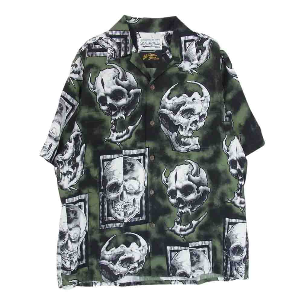 WACKO MARIA ワコマリア 22SS 56TS-WM-HI05 56 TATTOO STUDIO HAWAIIAN SHIRT S/S タトゥースタジオ スカル ハワイアン 半袖 シャツ カーキ系 S【美品】【中古】