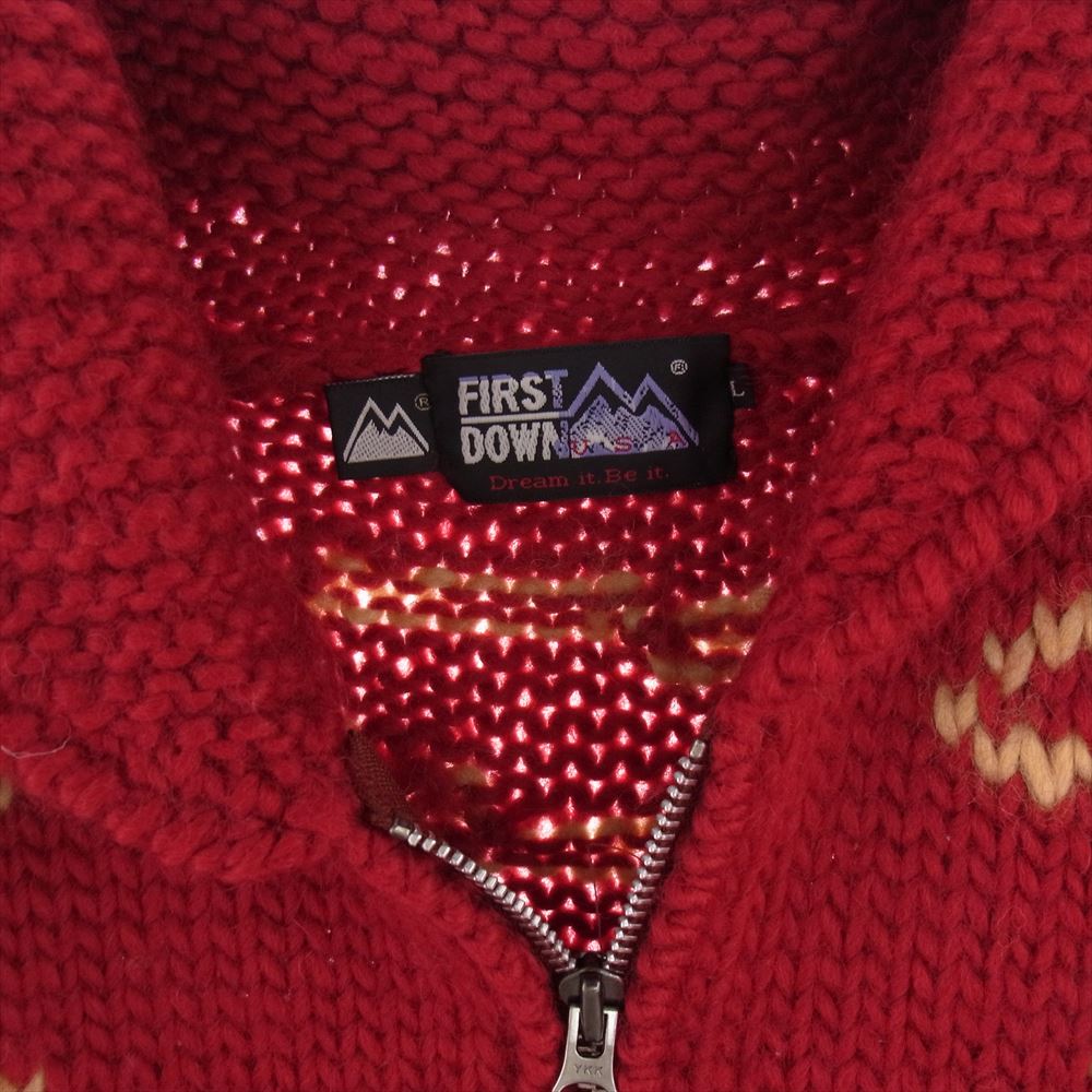 ファーストダウン  総柄 ジップアップ カウチンニット セーター カーディガン レッド系 L【中古】