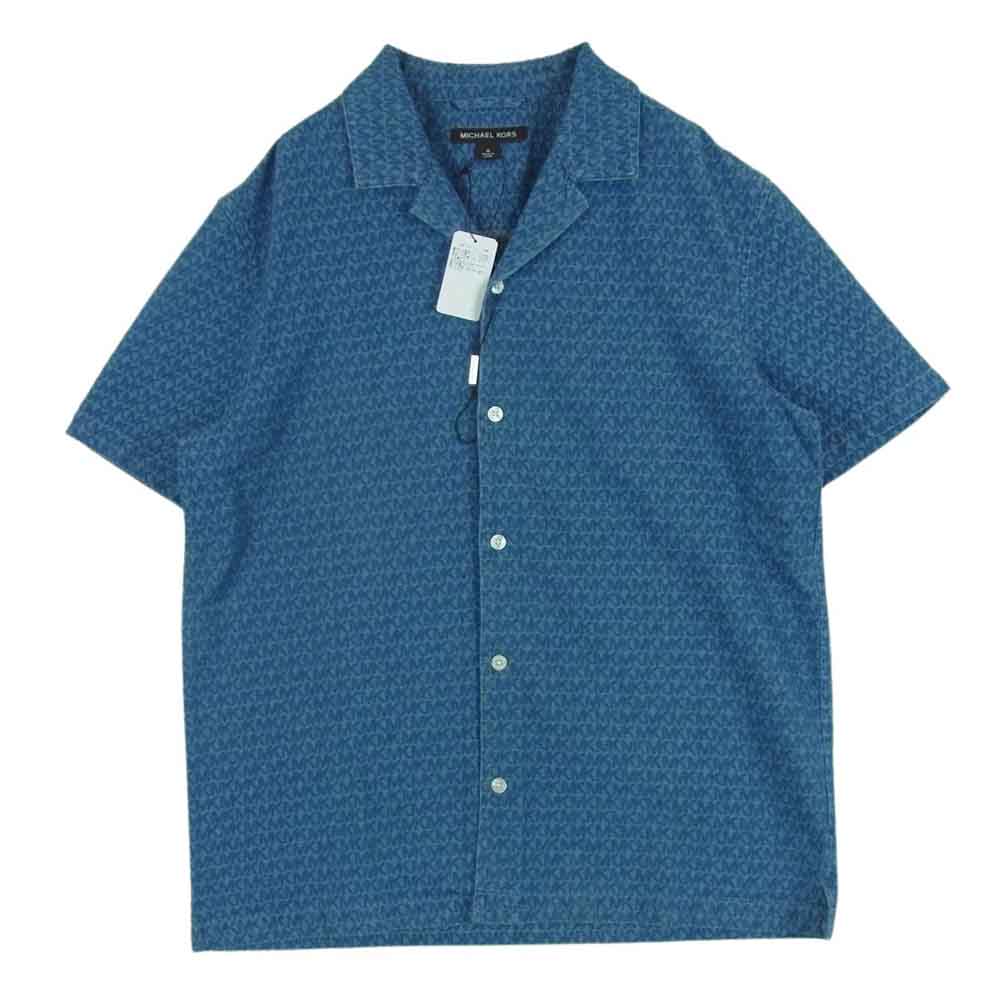 Michael Kors マイケルコース MKシグネチャー ロゴ総柄 オープンカラー デニム 半袖 シャツ インディゴブルー系 M【新古品】【未使用】【中古】