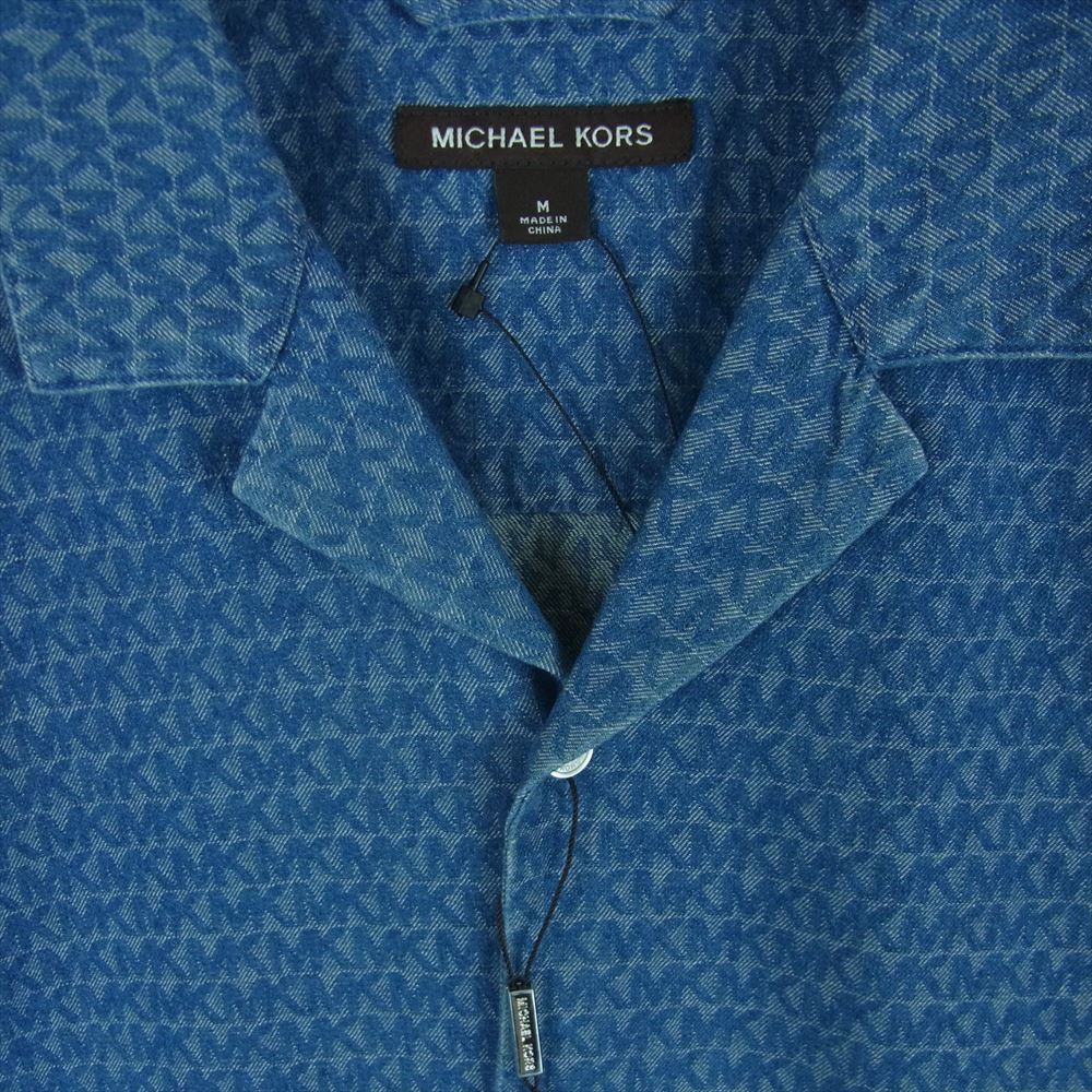 Michael Kors マイケルコース MKシグネチャー ロゴ総柄 オープンカラー デニム 半袖 シャツ インディゴブルー系 M【新古品】【未使用】【中古】