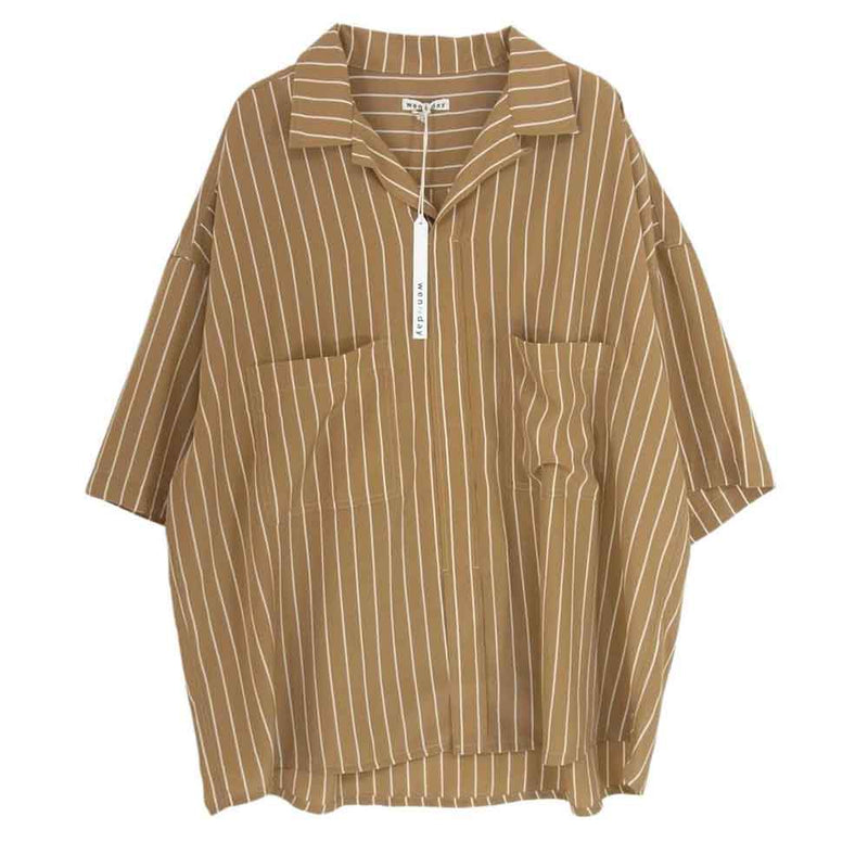 ウェンズデイ PULLOVER S/S PINSTRIPE SHIRT ピンストライプ オープンカラー 半袖 シャツ ベージュ系 L【新古品】【未使用】【中古】