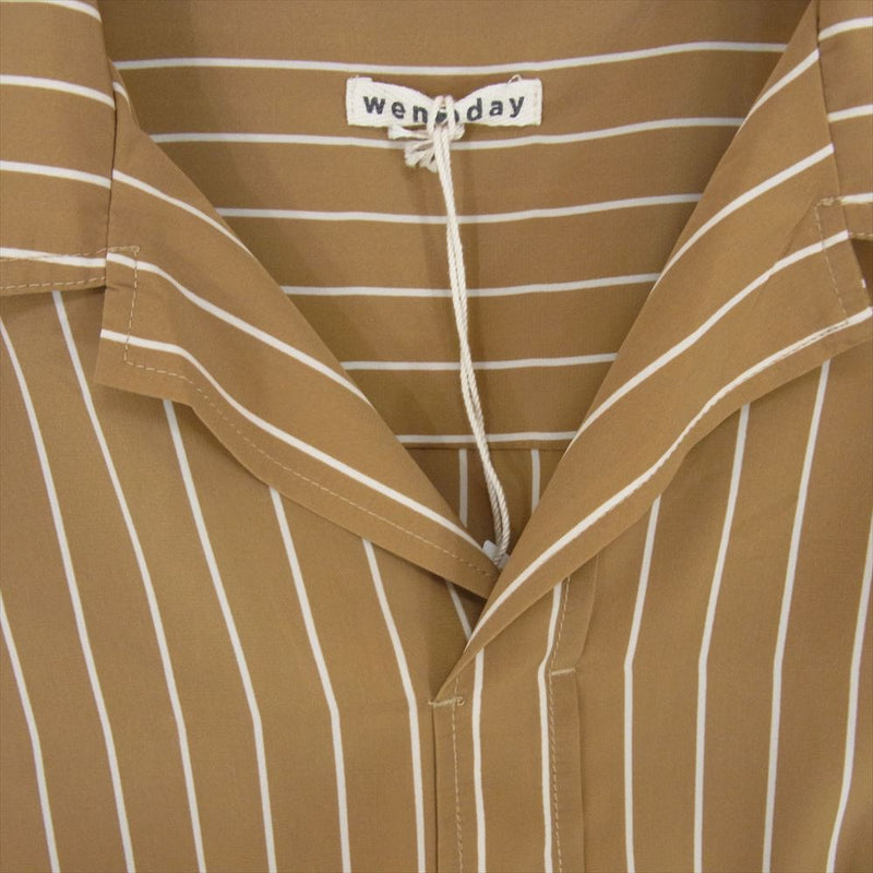 ウェンズデイ PULLOVER S/S PINSTRIPE SHIRT ピンストライプ オープンカラー 半袖 シャツ ベージュ系 L【新古品】【未使用】【中古】