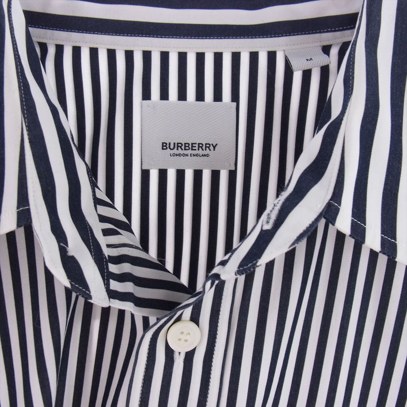 BURBERRY LONDON バーバリー ロンドン ストライプ ラバー ロゴ ポケット 長袖 シャツ  ネイビー系 ホワイト系 M【中古】