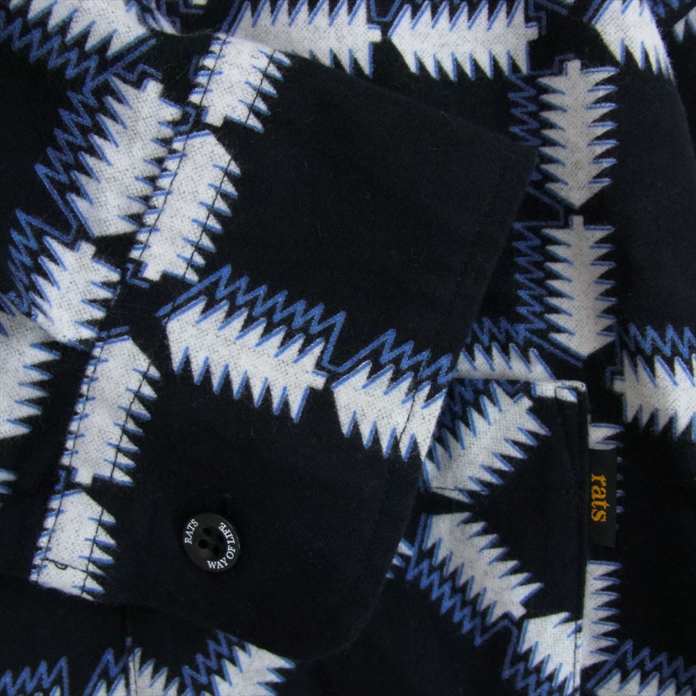 RATS ラッツ NATIVE PRINT FLANNEL SHIRT ORANGE ネイティブ プリント フランネル 長袖 シャツ ブルー ブラック系 M【極上美品】【中古】