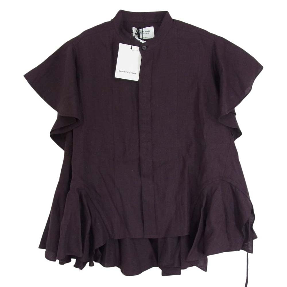 beautiful people ビューティフルピープル 1415106008 double-end bed linen cloth raffle blouse 2way リネン ブラウス パープル系 34【新古品】【未使用】【中古】