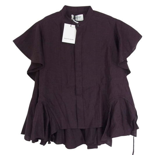 beautiful people ビューティフルピープル 1415106008 double-end bed linen cloth raffle blouse 2way リネン ブラウス パープル系 34【新古品】【未使用】【中古】
