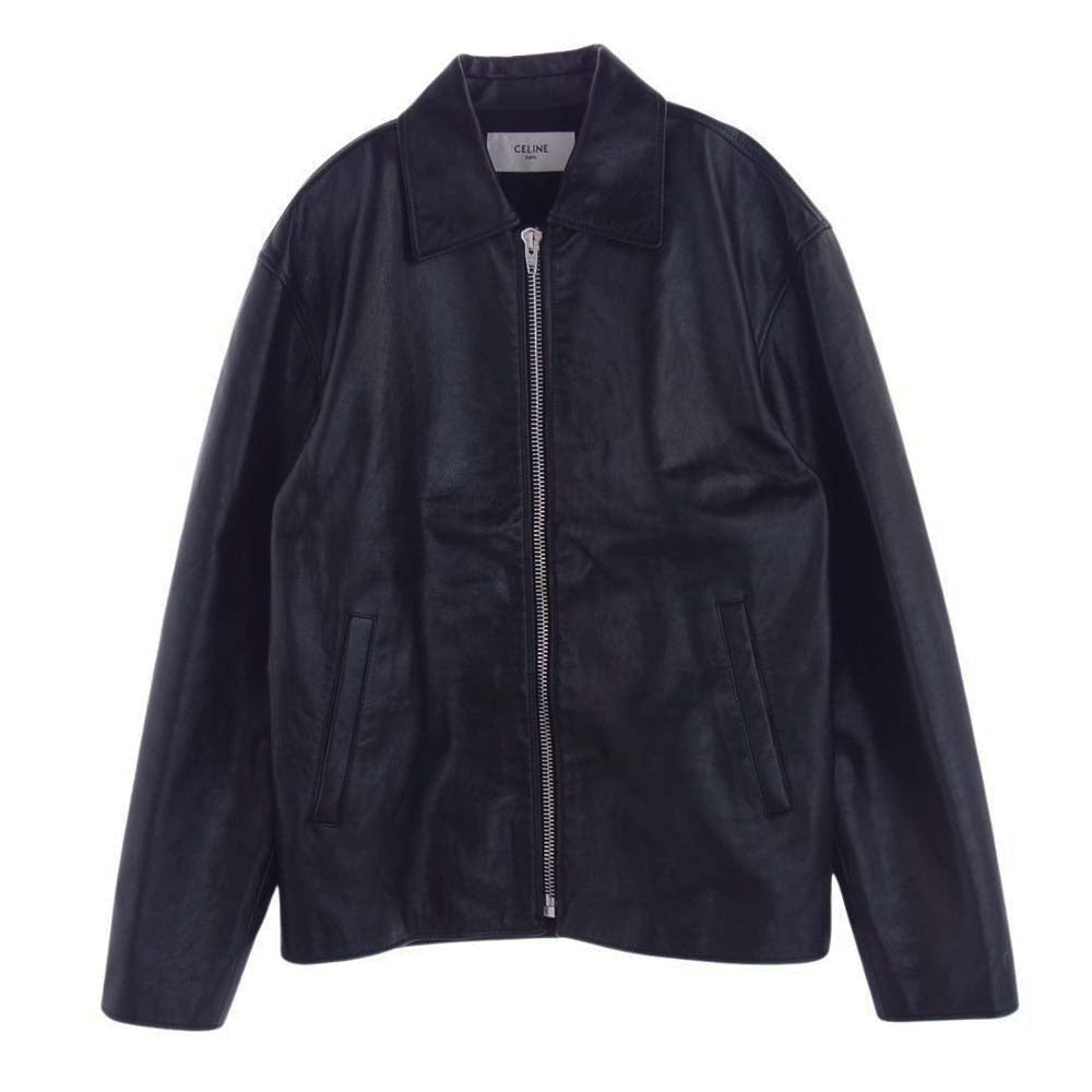 CELINE セリーヌ 2ED041320 牛革 カウハイド 裏地キルティング ジップアップ レザー ポリスマン ジャケット ブラック系 46【中古】