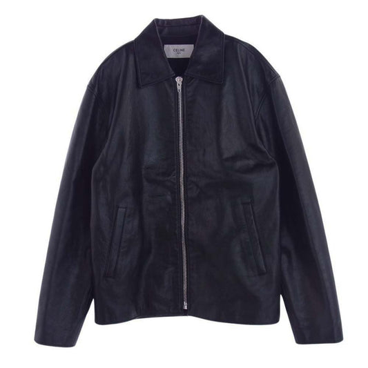 CELINE セリーヌ 2ED041320 牛革 カウハイド 裏地キルティング ジップアップ レザー ポリスマン ジャケット ブラック系 46【中古】