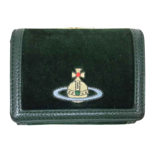 Vivienne Westwood ヴィヴィアンウエストウッド EMBROIDERED ORB SMALL FRAME WALLET 三つ折り オーブ 刺繍  ベルベット ウォレット 財布 グリーン系【中古】