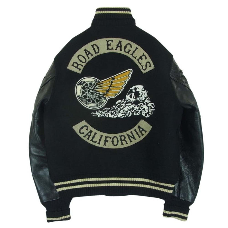 ホワイツビル ROAD EAGLES スカル パイルワッペン 刺繍 袖レザー 切替 スタジャン スタジアム ジャケット ブラック系 38【中古】