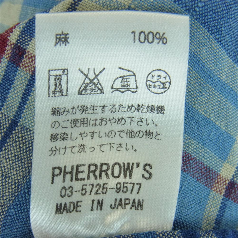 Pherrow's フェローズ 880CSS リネン ウエスタン チェック 半袖 シャツ 日本製 ブルー系 38【中古】