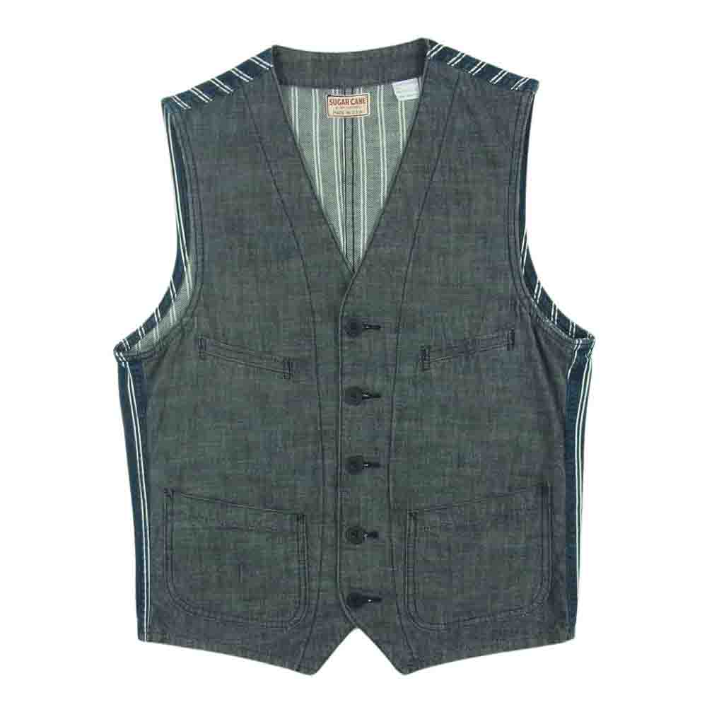 SUGAR CANE シュガーケーン デニム ストライプ ワーク ベスト コットン アメリカ製 グレー系 インディゴブルー系 M【中古】