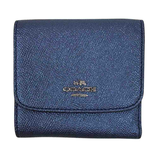 COACH コーチ F87588 クロスグレイン レザー スモール 3つ折り コンパクト ウォレット 財布 ブルー系【中古】
