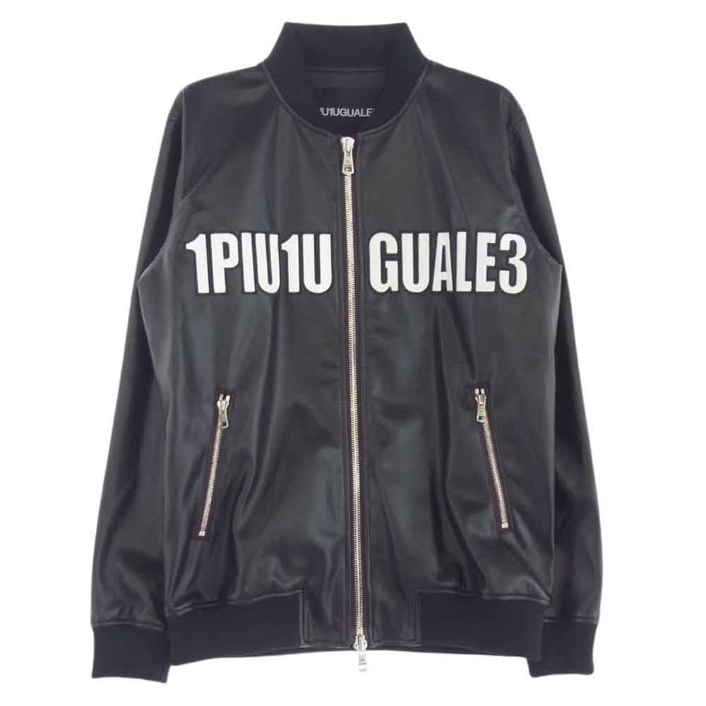 1piu1uguale3 ウノピュウノウグァーレトレ TF022 SL01 × THE SAINT MAFIA セイントマフィア  STADIUM HOODED PREMIUM LEATHER スタジアムジャンパー フェイクレザー ジップアップ ジャッケット ブラック系 IV【中古】