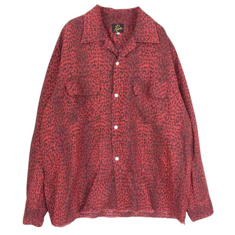 Needles ニードルス GL194 Cut-Off Bottom Classic Shirt  Linen Leopard リネン レオパード オープンカラー シャツ レッド系 L【中古】