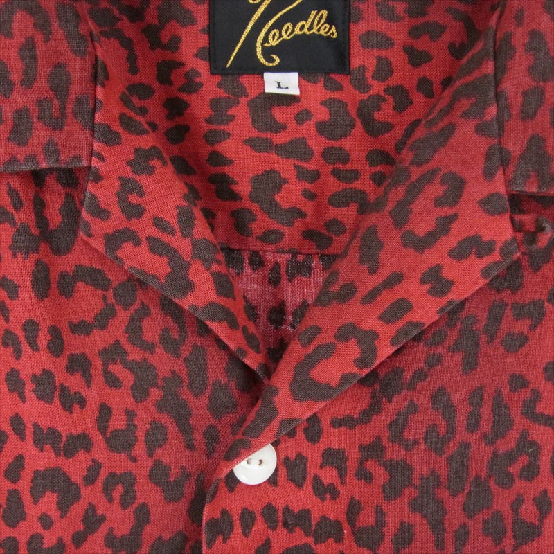 Needles ニードルス GL194 Cut-Off Bottom Classic Shirt  Linen Leopard リネン レオパード オープンカラー シャツ レッド系 L【中古】