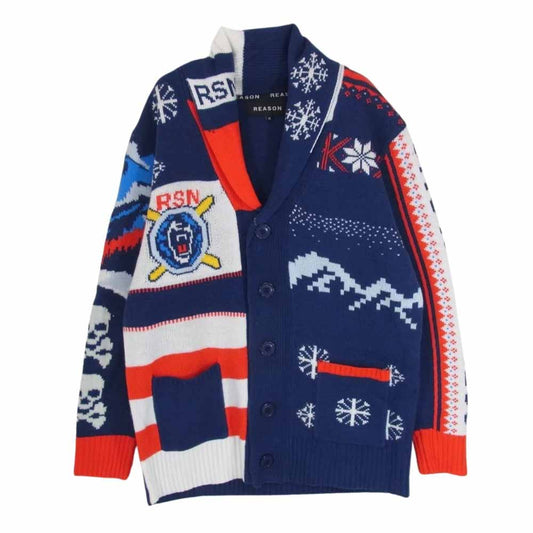 リーズン ジャガード 総柄 アクリル ニット カーディガン ブルー系 M【中古】