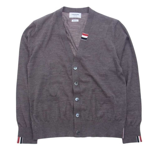 THOM BROWNE トムブラウン MKC489A-Y1014  イタリア製 国内正規品 JERSEY STITCH V-NECK Cardigan ジャージー ステッチ トリコロールテープ Vネック ウール カーディガン ブラウン系 3【極上美品】【中古】