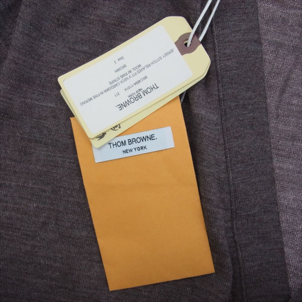 THOM BROWNE トムブラウン MKC489A-Y1014  イタリア製 国内正規品 JERSEY STITCH V-NECK Cardigan ジャージー ステッチ トリコロールテープ Vネック ウール カーディガン ブラウン系 3【極上美品】【中古】