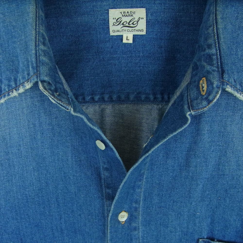 ゴールド GL28728 東洋エンタープライズ 10oz. COTTON LINEN DENIM OVER SHIRT HARD WASH 綿 麻 デニム 長袖 シャツ インディゴブルー系 L【中古】