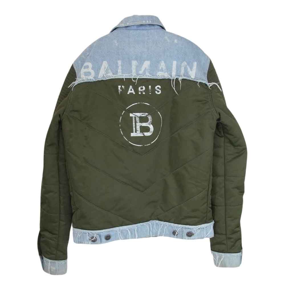 BALMAIN バルマン デニム ナイロン バックプリント 斜めジップ ポケット ロゴ 切替 ジャケット  カーキ系 46【中古】