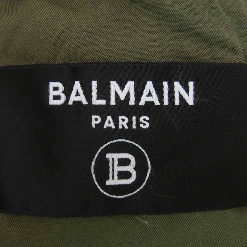 BALMAIN バルマン デニム ナイロン バックプリント 斜めジップ ポケット ロゴ 切替 ジャケット  カーキ系 46【中古】