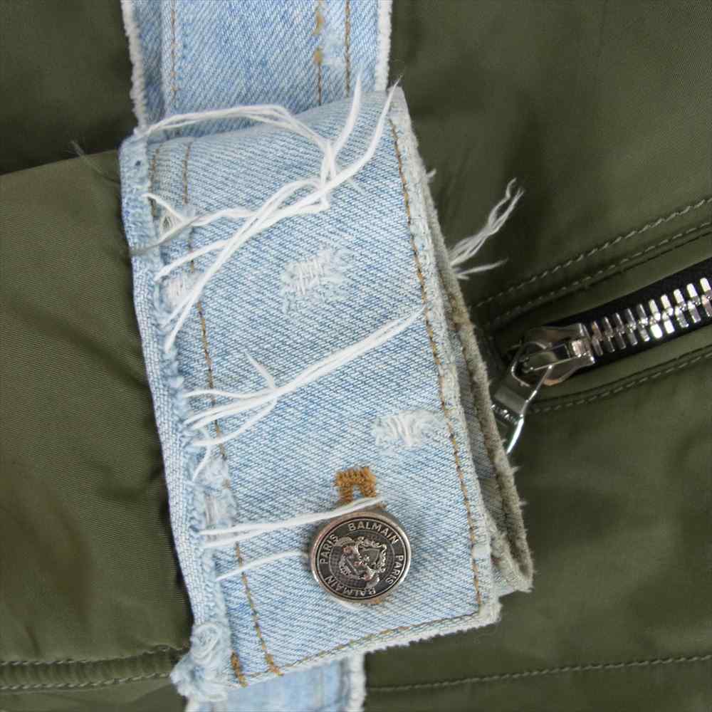 BALMAIN バルマン デニム ナイロン バックプリント 斜めジップ ポケット ロゴ 切替 ジャケット  カーキ系 46【中古】