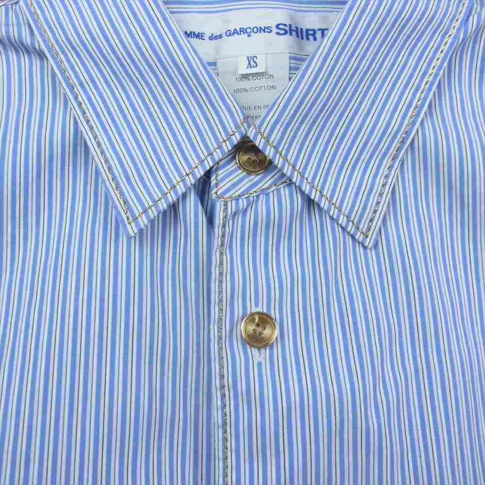 COMME des GARCONS コムデギャルソン W25045 SHIRT 金ステッチ 金ボタン レギュラーカラー ストライプ 長袖 シャツ ブルー系 XS【中古】