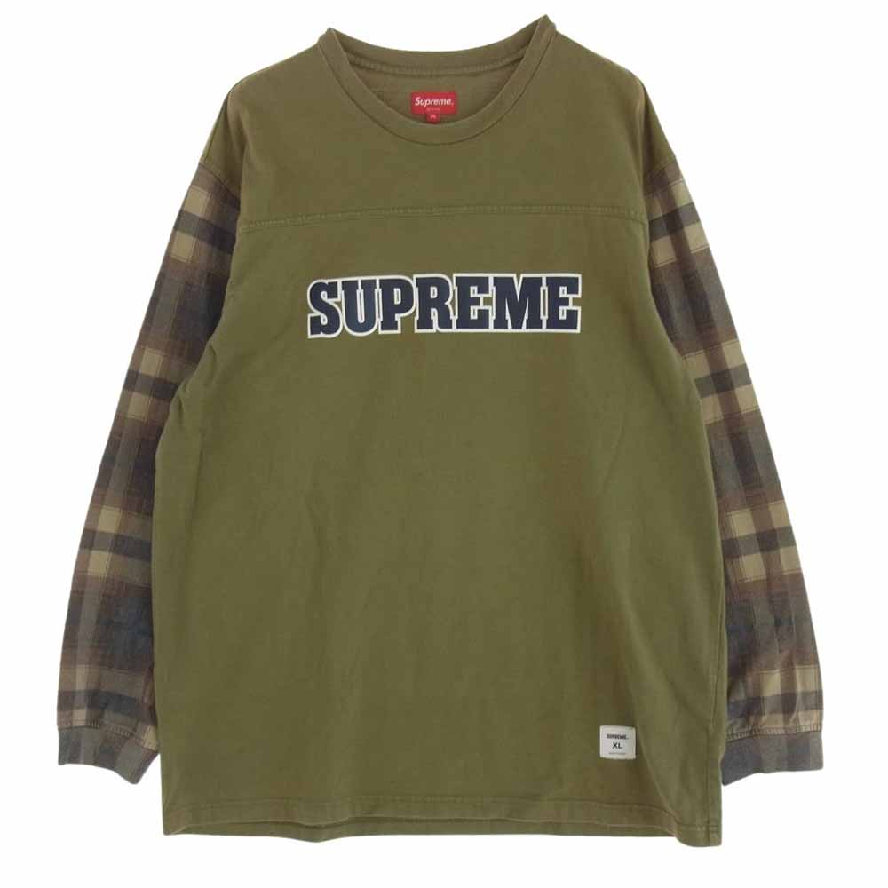 Supreme シュプリーム 21AW Plaid Sleeve L/S Top プレイド スリーブ 袖チェック切替 ロゴ プリント ロングスリーブ 長袖 Tシャツ カーキ系 XL【中古】