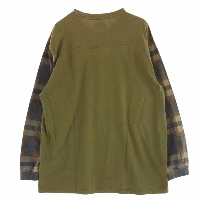 Supreme シュプリーム 21AW Plaid Sleeve L/S Top プレイド スリーブ 袖チェック切替 ロゴ プリント ロングスリーブ 長袖 Tシャツ カーキ系 XL【中古】