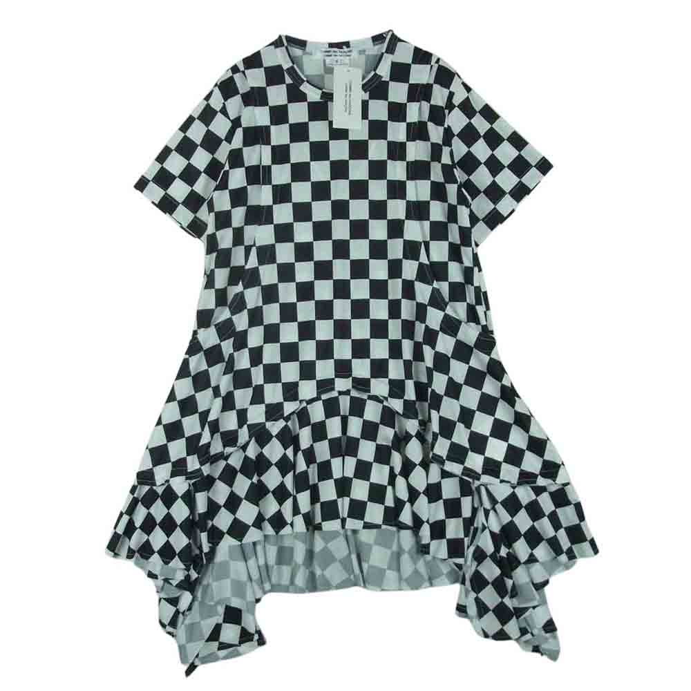 COMME des GARCONS コムデギャルソン AD2023 RM-T023 コムコム 24SS 市松柄 チェック フリル ワンピース ホワイト系 ブラック系 S【極上美品】【中古】