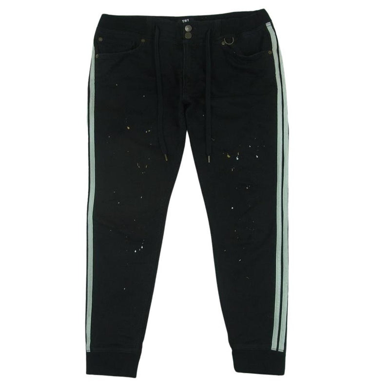 TMT ティーエムティー TPT-F1904 BLACK DENIM TRACK PANTS ペイント加工 ダメージ加工 サイドライン 裾リブ デニム トラック パンツ ブラック系 L【中古】