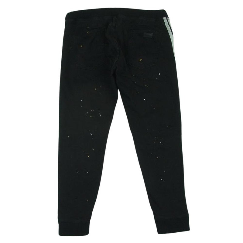 TMT ティーエムティー TPT-F1904 BLACK DENIM TRACK PANTS ペイント加工 ダメージ加工 サイドライン 裾リブ デニム トラック パンツ ブラック系 L【中古】