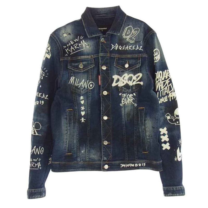 DSQUARED2 ディースクエアード 22SS S74AM1249 ARK GRAFFITI WASH DENIM JACKET Dan Jean Jacket ペイント加工 ダメージ加工 デニム ジャケット ブルー系 48【中古】