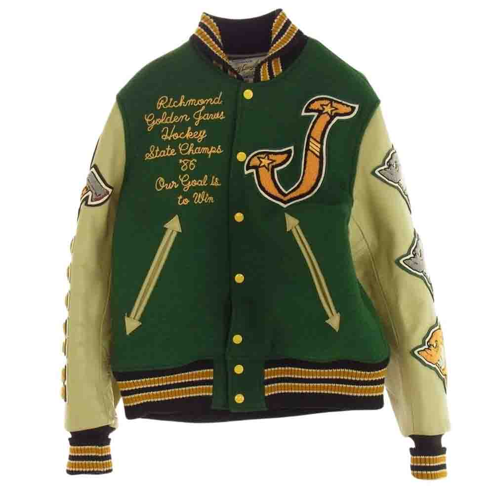 WHITESVILLE ホワイツビル WV11375 フルデコ アームレザー 切替 シャーク ワッペン 刺繍 ウール スタジアム ジャケット スタジャン アワード ジャケット グリーン系 38【中古】