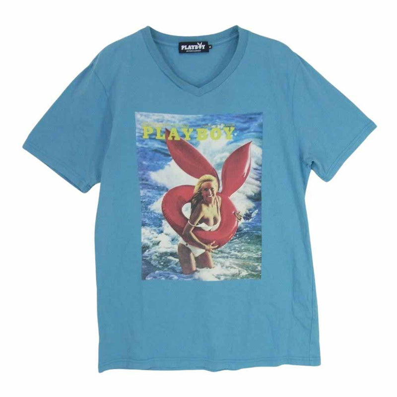 HYSTERIC GLAMOUR ヒステリックグラマー 1241CT08 × PLAY BOY プレイボーイ プリント  Vネック Tシャツ ブルー系 M【中古】