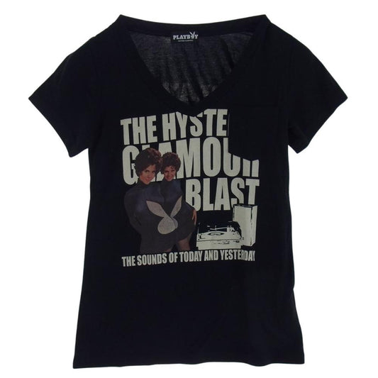 HYSTERIC GLAMOUR ヒステリックグラマー 1151CT05 × PLAY BOY プレイボーイ プリント  Vネック Tシャツ ブラック ブラック系 FREE【中古】