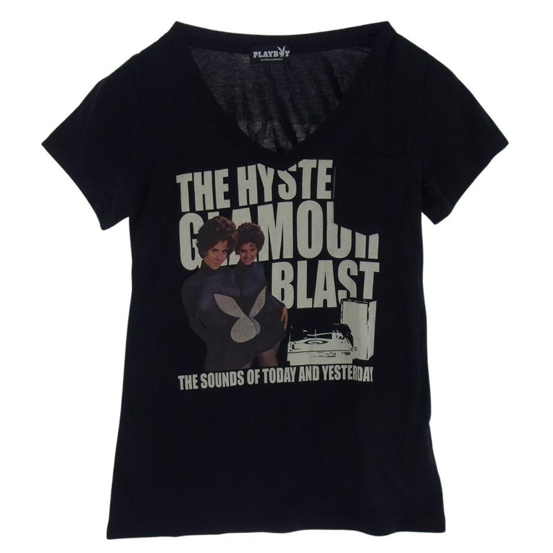 HYSTERIC GLAMOUR ヒステリックグラマー 1151CT05 × PLAY BOY プレイボーイ プリント  Vネック Tシャツ ブラック ブラック系 FREE【中古】