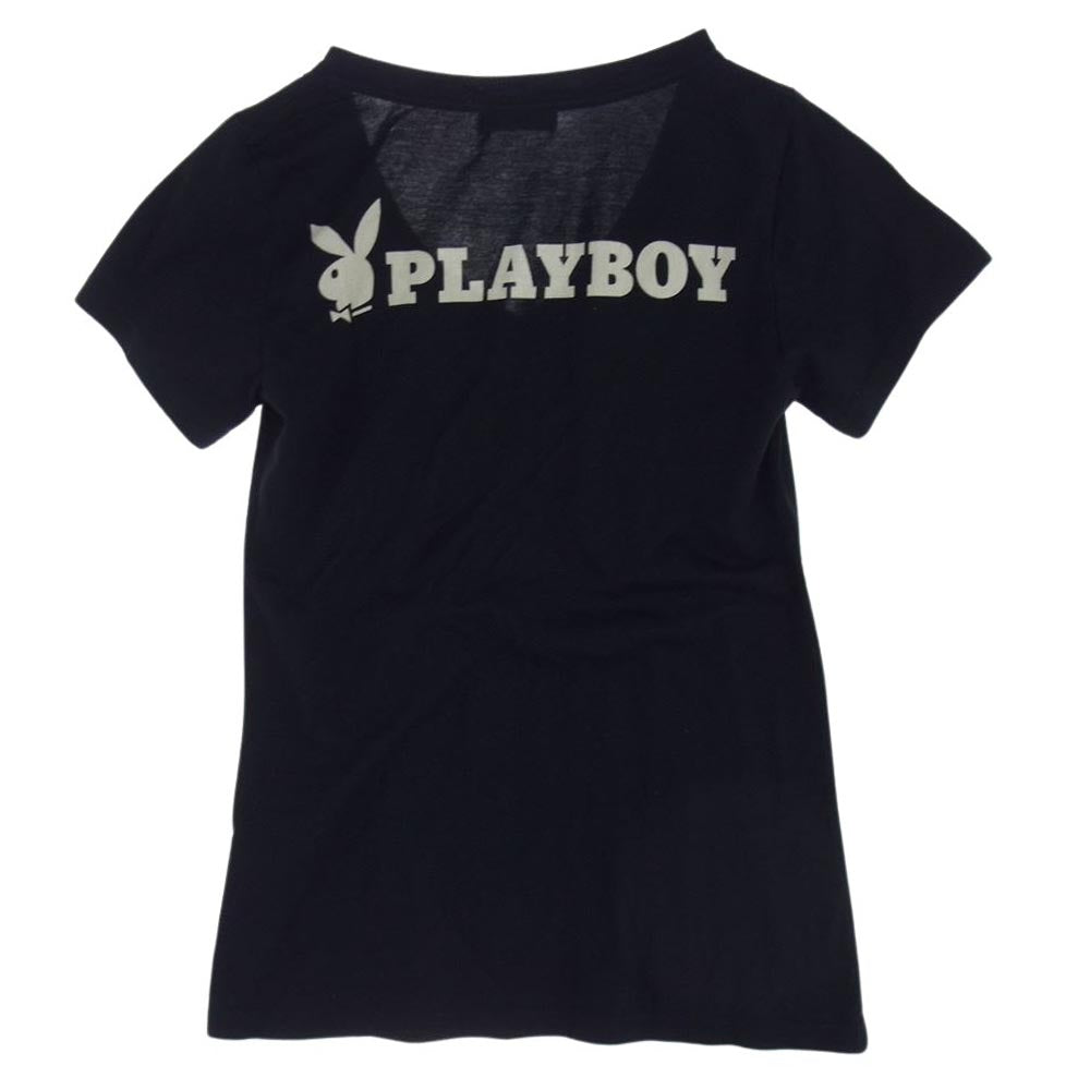 HYSTERIC GLAMOUR ヒステリックグラマー 1151CT05 × PLAY BOY プレイボーイ プリント  Vネック Tシャツ ブラック ブラック系 FREE【中古】