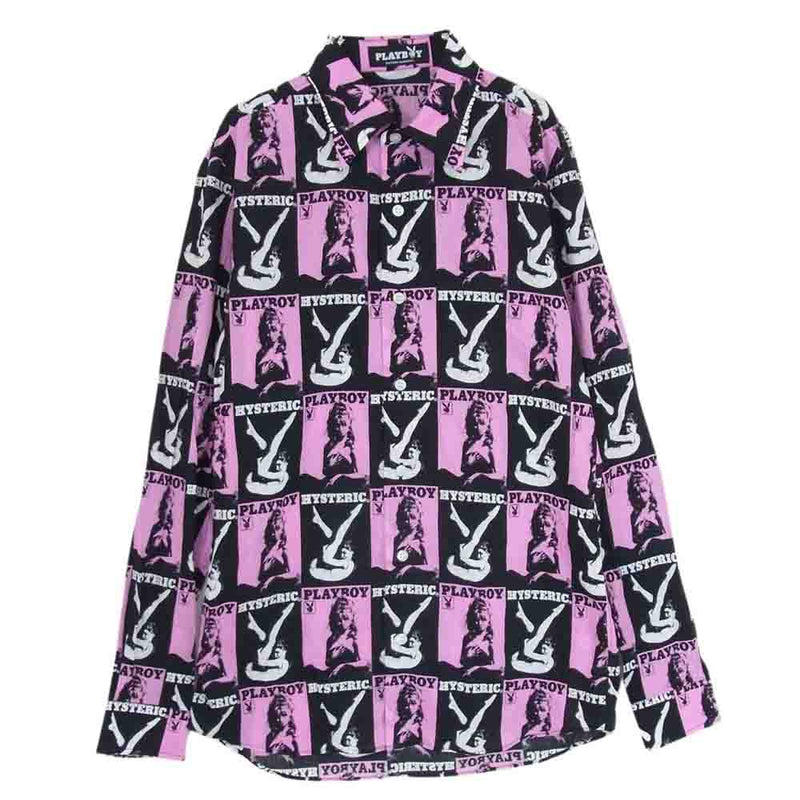 HYSTERIC GLAMOUR ヒステリックグラマー 1234AH03 × PLAYBOY プレイボーイ ロゴ 総柄 プリント 長袖 シャツ ピンク系 S【中古】