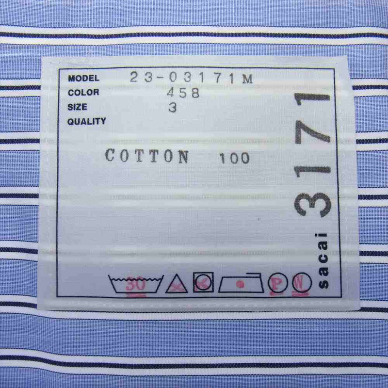 Sacai サカイ 23AW 23-03171M Thomas Mason Cotton Poplin L S Shirt トーマスメイソン コットンポプリン ジップアップ ストライプ シャツ ブルー系 3【新古品】【未使用】【中古】