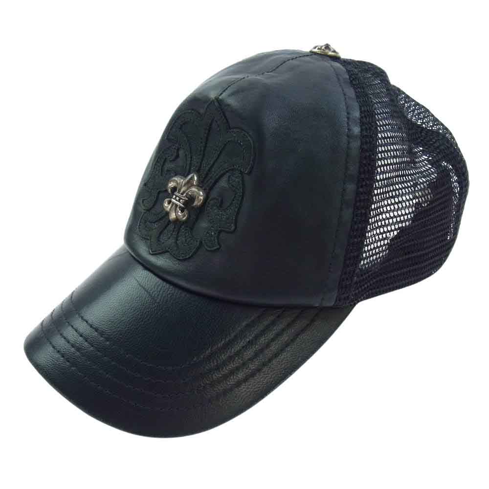 CHROME HEARTS クロムハーツ（原本無） TRUCKER CAP LEATHER FRONT BS FLEUR BSフレア レザー メッシュ トラッカー キャップ ブラック系【中古】