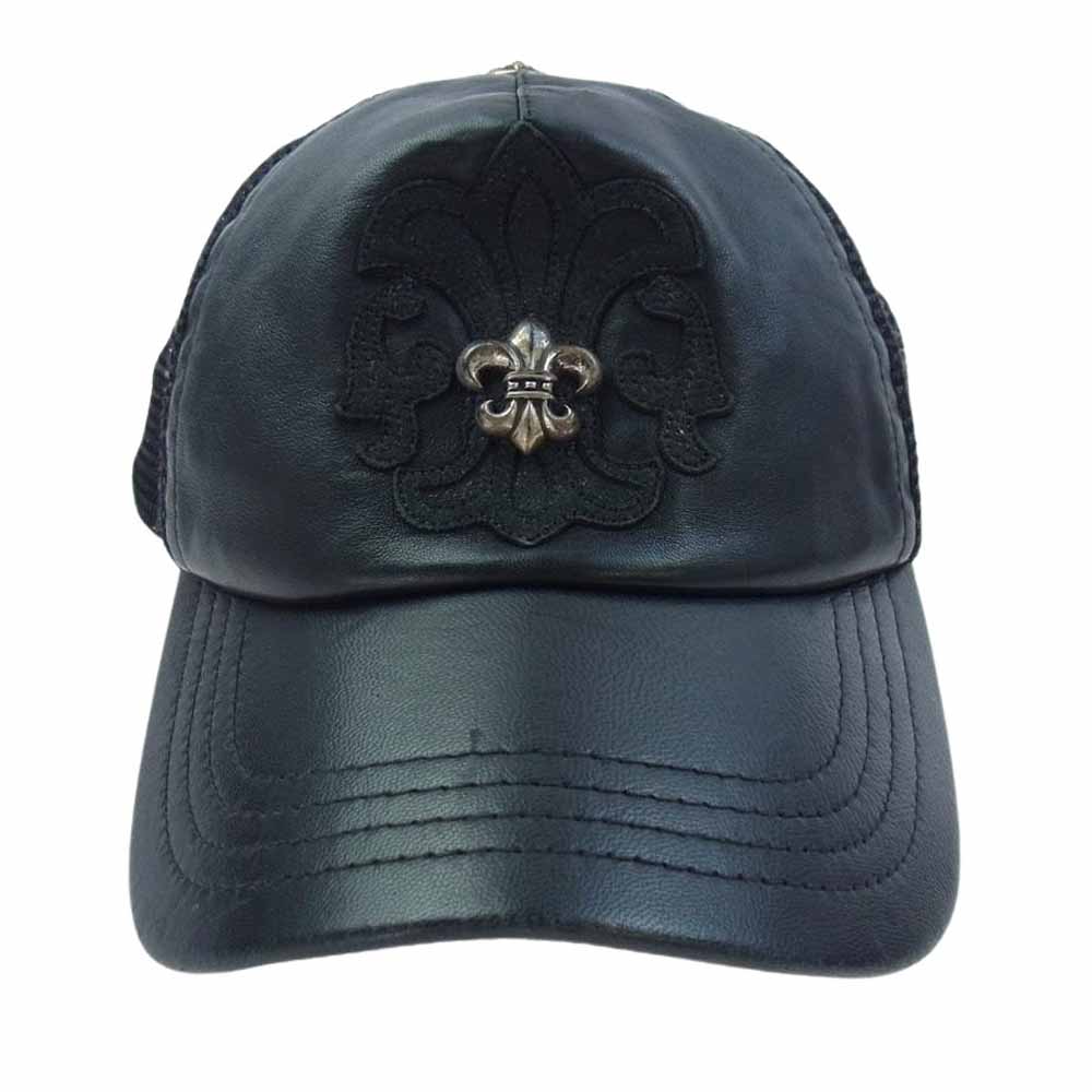 CHROME HEARTS クロムハーツ（原本無） TRUCKER CAP LEATHER FRONT BS FLEUR BSフレア レザー メッシュ トラッカー キャップ ブラック系【中古】