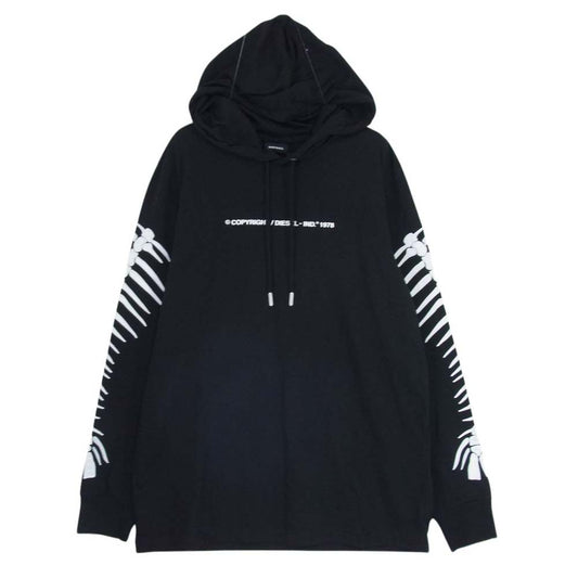 DIESEL ディーゼル プルオーバー 骨 BONE 袖 プリント コットン フーディ パーカー ブラック系 M【中古】