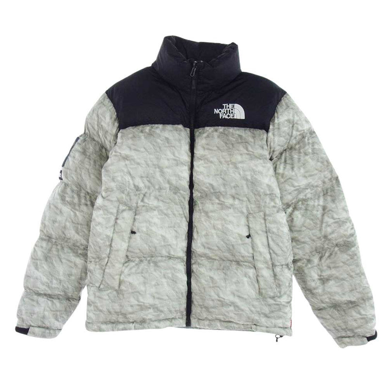 Supreme シュプリーム × THE NORTH FACE ノースフェイス 19AW Paper Print Nuptse Jacket ペーパー プリント ヌプシ ダウンジャケット グレー系 S【中古】