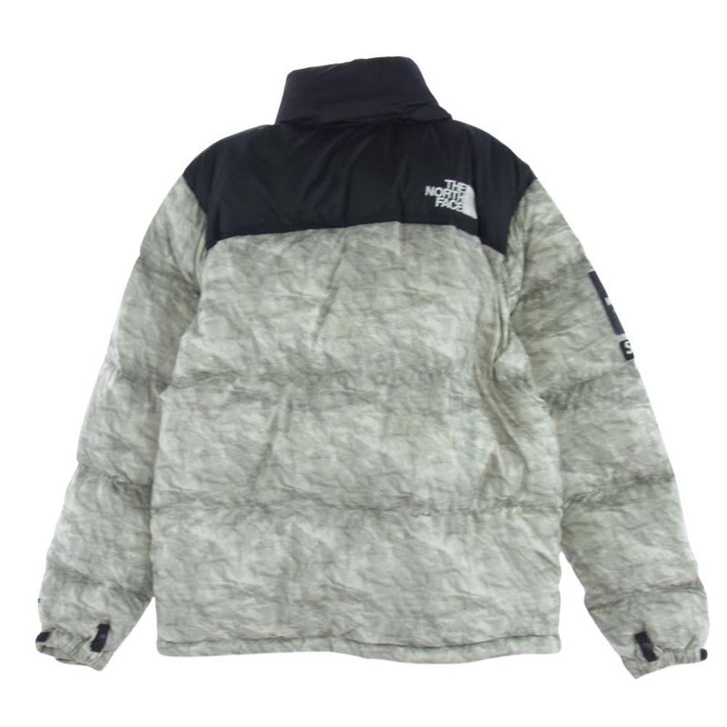 Supreme シュプリーム × THE NORTH FACE ノースフェイス 19AW Paper Print Nuptse Jacket ペーパー プリント ヌプシ ダウンジャケット グレー系 S【中古】