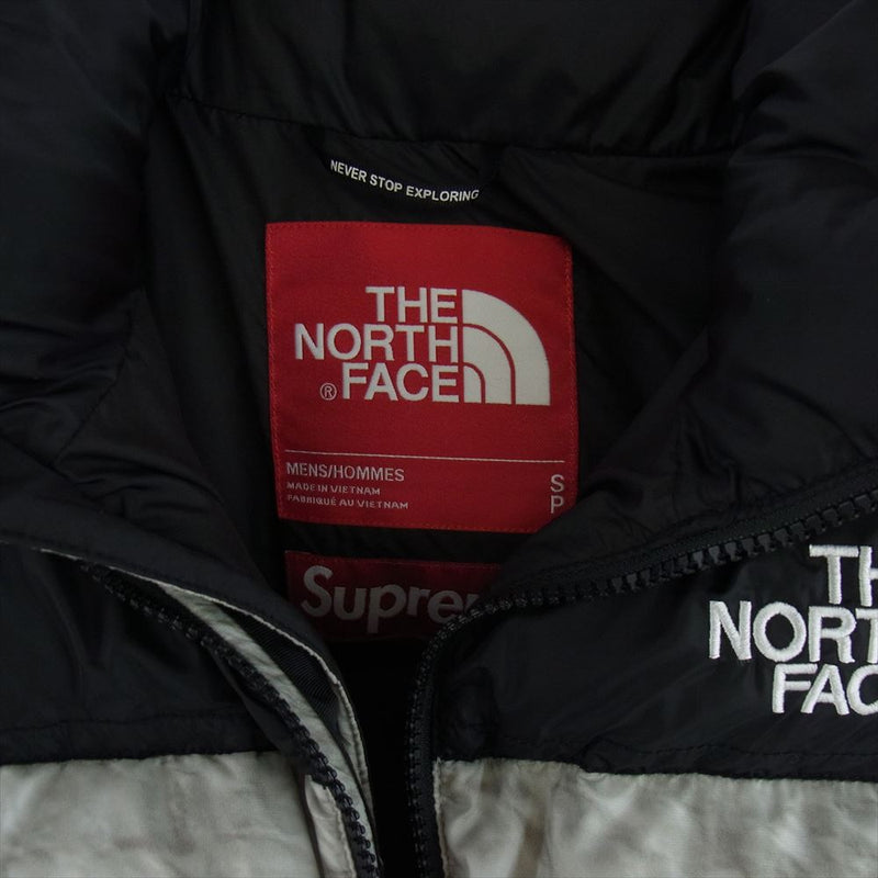 Supreme シュプリーム × THE NORTH FACE ノースフェイス 19AW Paper Print Nuptse Jacket ペーパー プリント ヌプシ ダウンジャケット グレー系 S【中古】